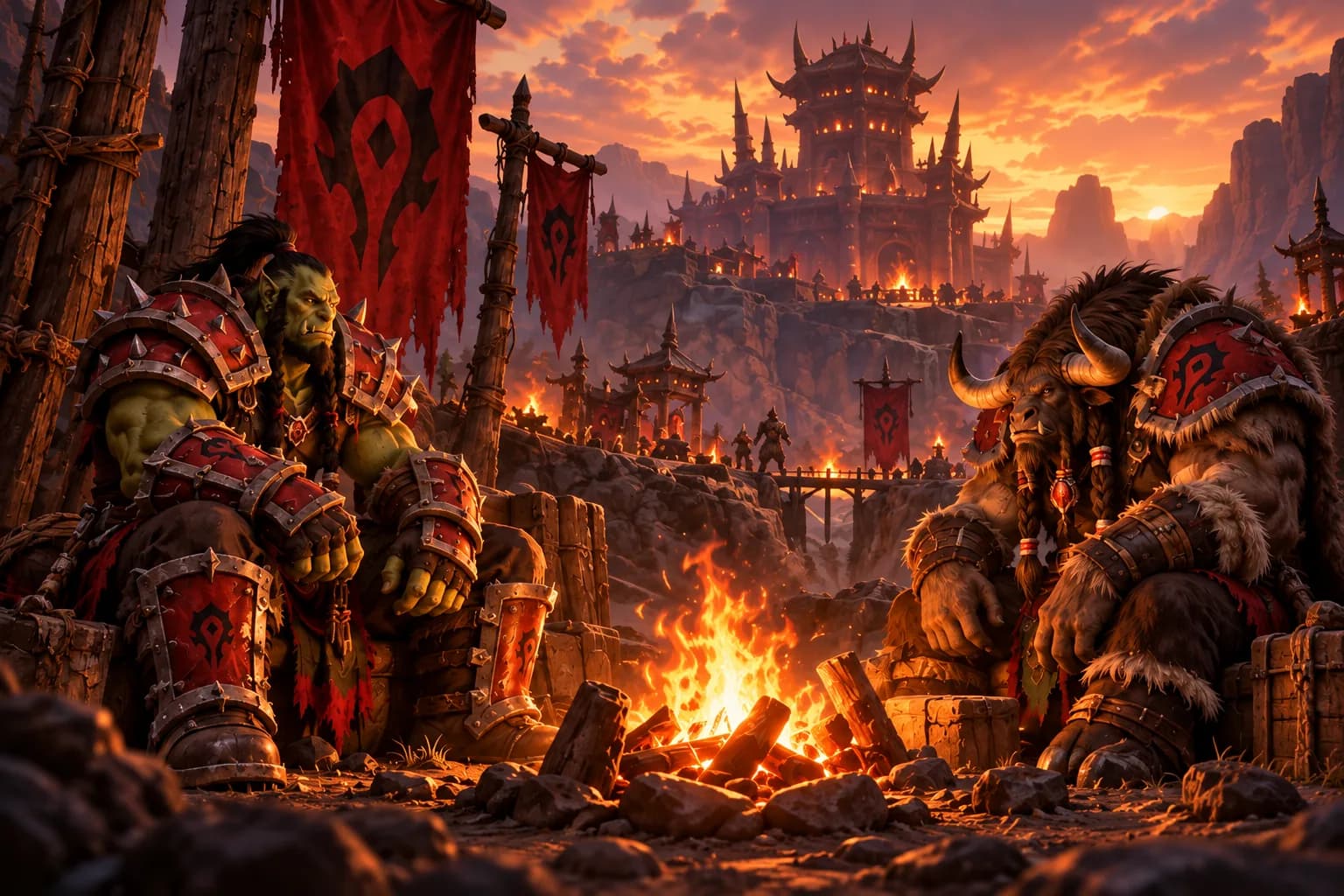 Un orc și un tauren lângă foc, în fața cetății Hoardei la apus.