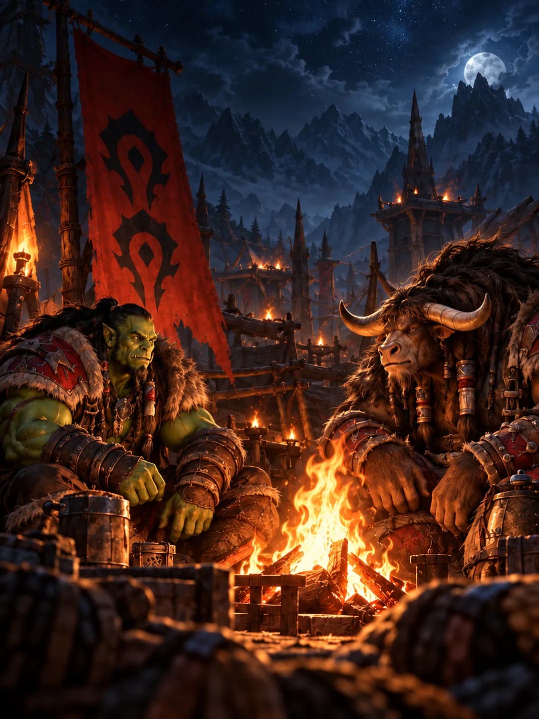 Un orc și un tauren lângă focul de tabără, sub stindardul Hoardei.